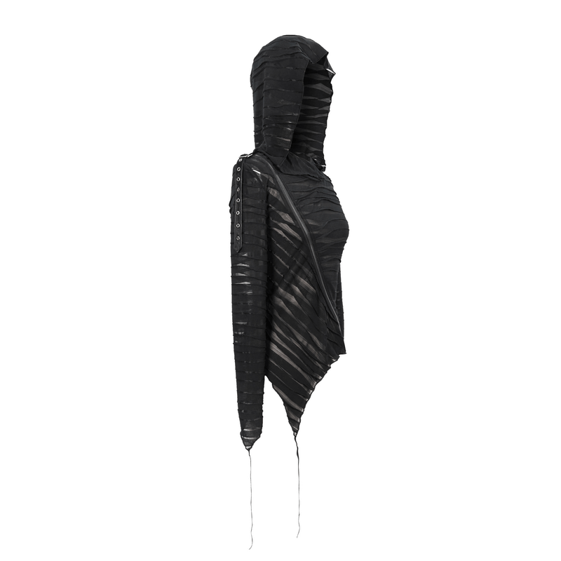 Stylish women's black elastic hoodie with long sleeves and oversized hood, featuring unique torn design and zipper.