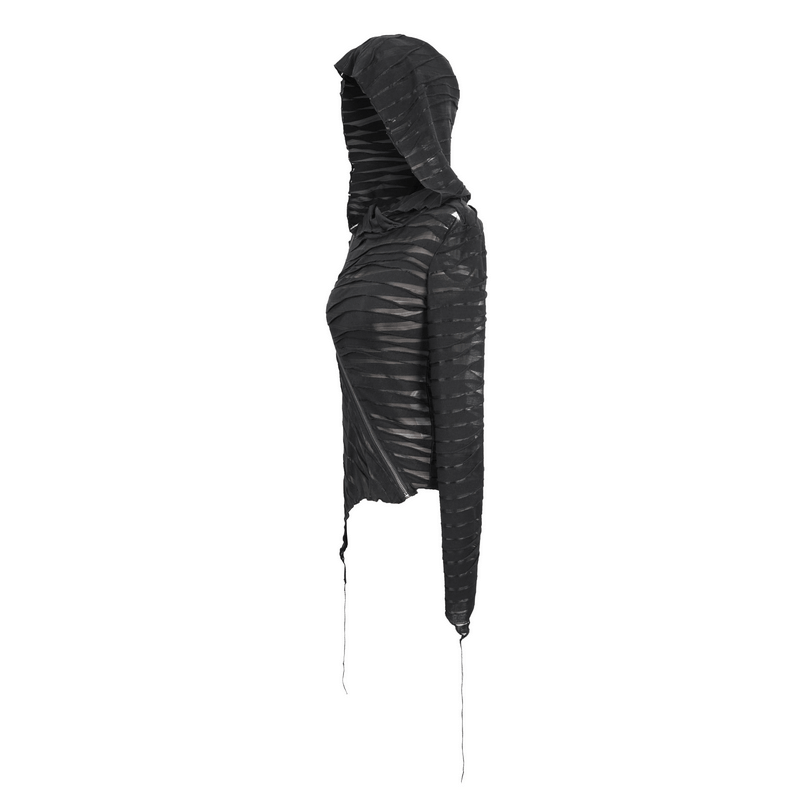 Stylish women's black elastic hoodie with long sleeves, oversized hood, and unique torn design features.