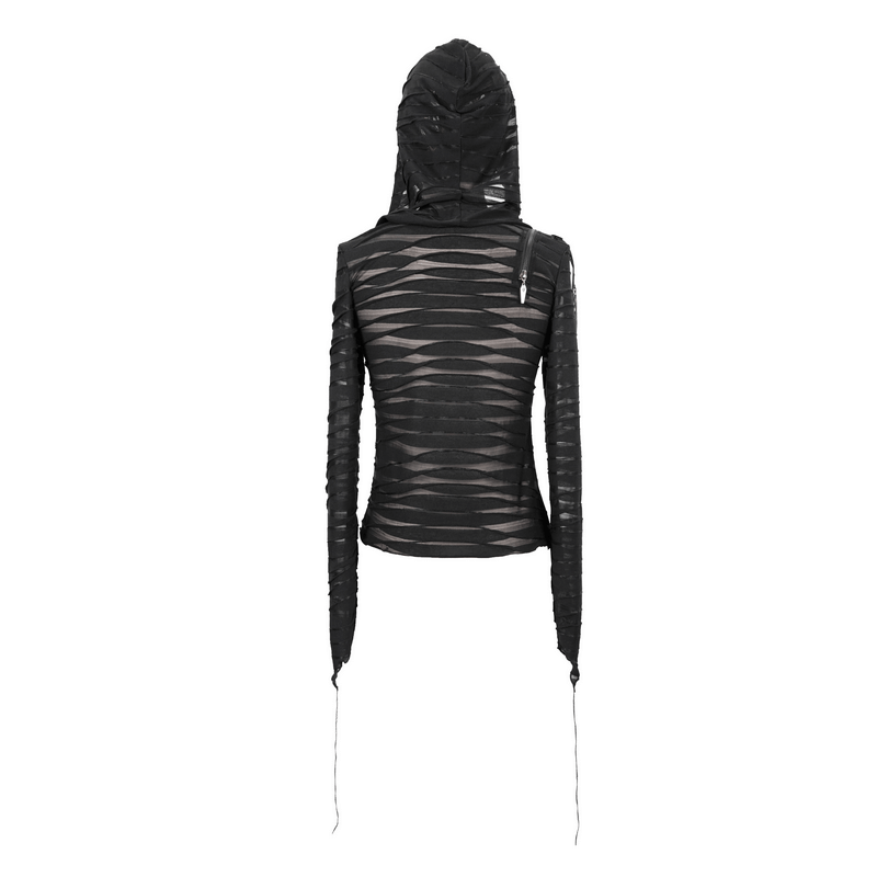 Women's black elastic hoodie with oversized hood, long sleeves, and stylish torn design from the back.