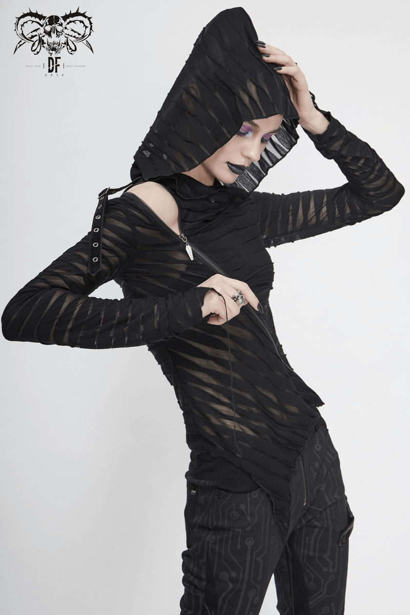 Stylish women's black elastic hoodie with long sleeves, oversized hood, and edgy torn details.