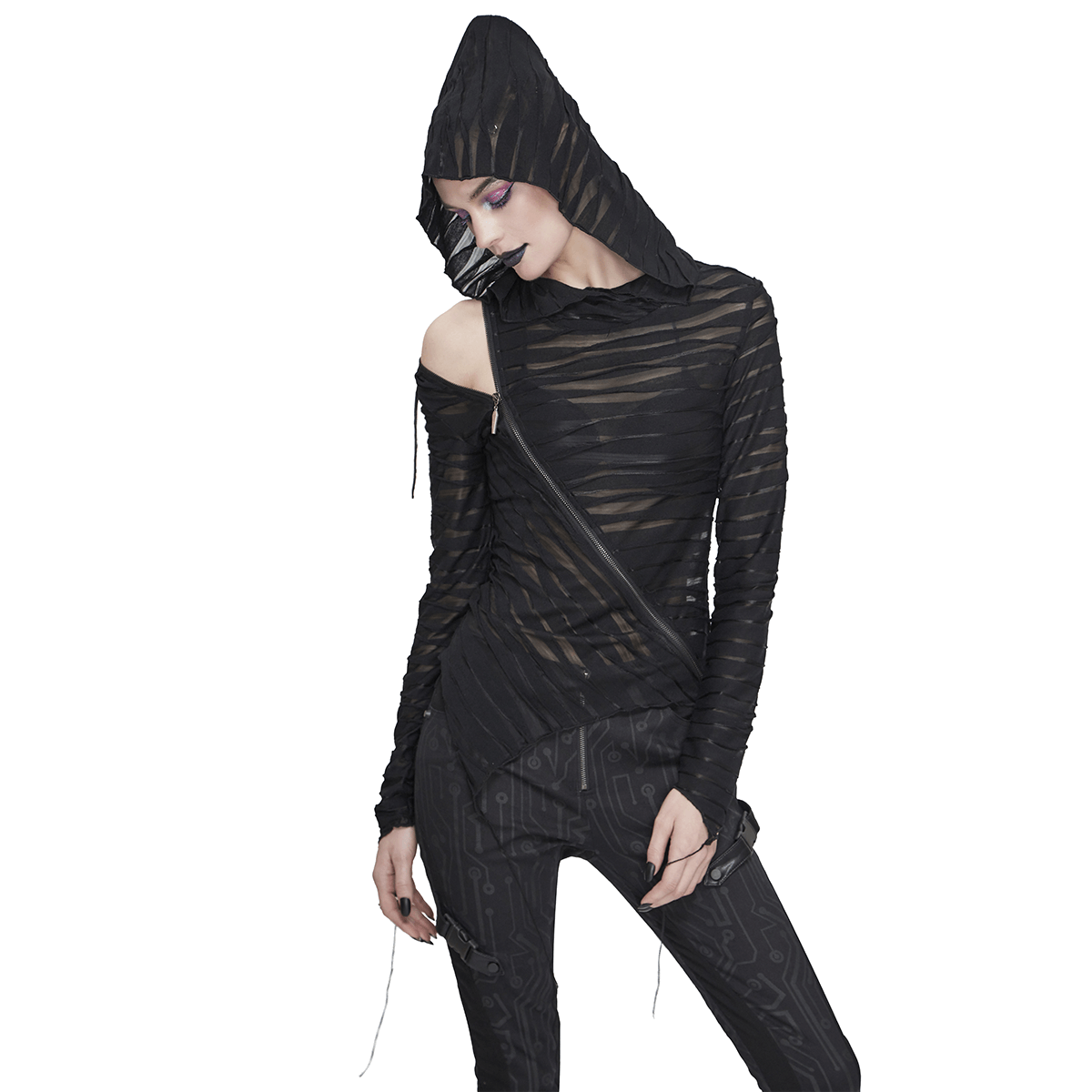 Stylish women's black elastic hoodie with oversized hood, long sleeves, and torn inserts for an alternative fashion look.