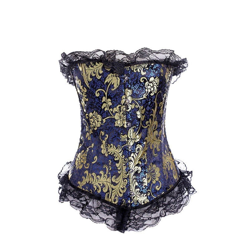 Women's gothic lace corset in blue and gold floral design, featuring lace trim for a vintage aesthetic.