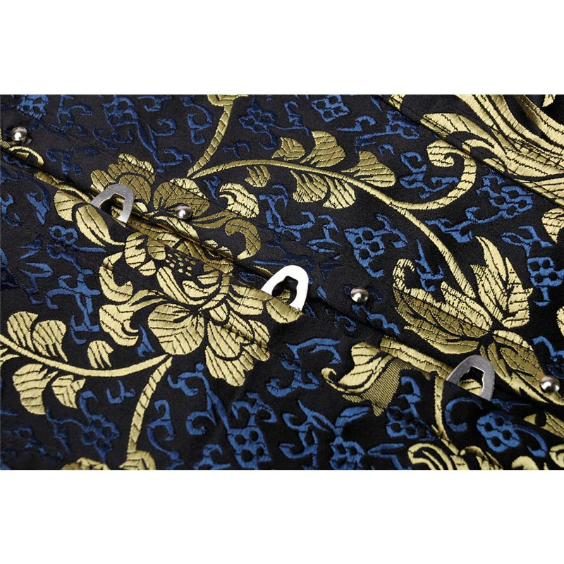 Close-up of a gothic lace corset with gold floral print and black fabric, showcasing intricate detailing and elegant lacing.