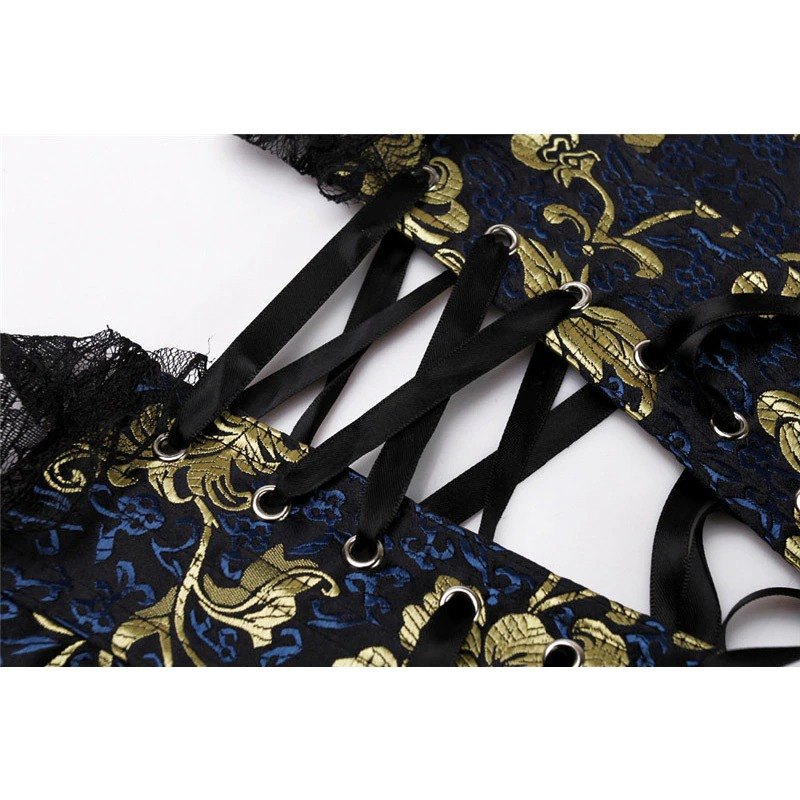 Close-up of women's gothic lace corset with gold floral pattern and black lacing details.