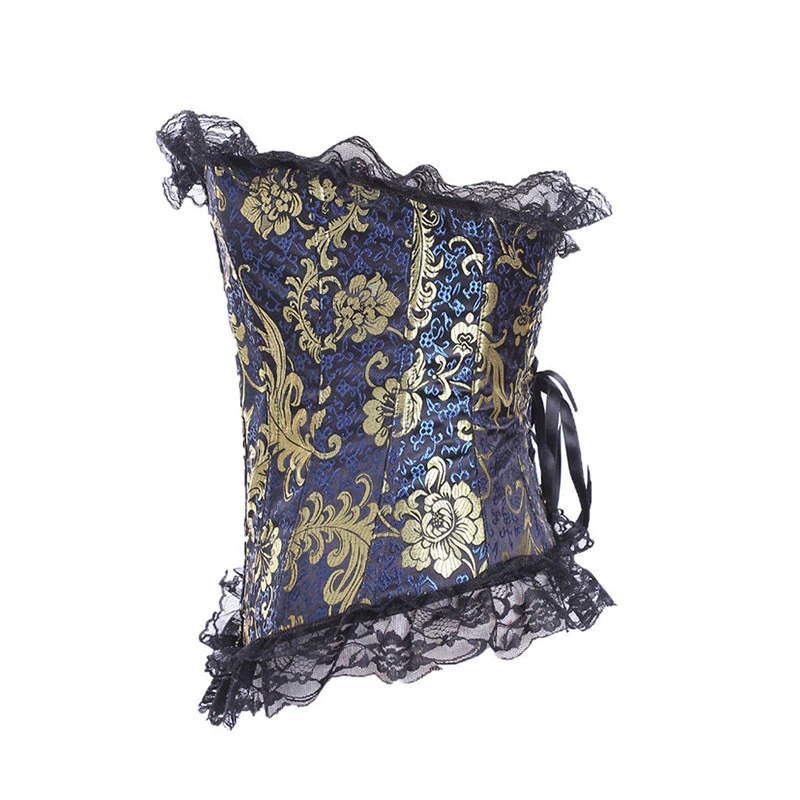 Women's elegant lace corset in gold floral and blue gothic design, perfect for vintage style outfits.