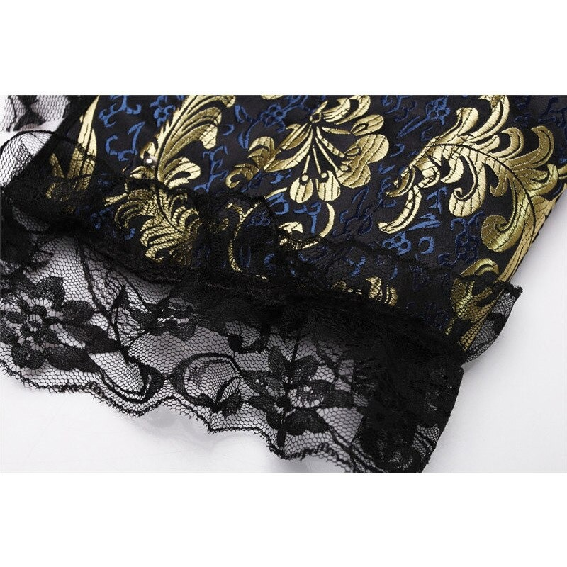 Close-up of women's elegant lace corset in gold floral and black lace detail, showcasing gothic vintage style.
