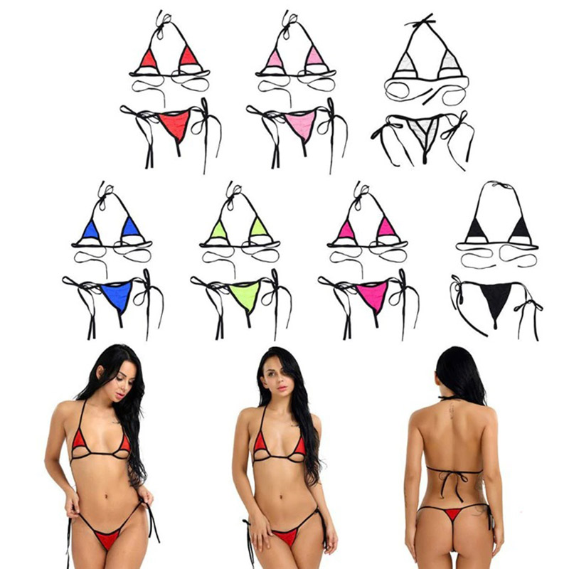 Colorful women's strappy lingerie bikini set collection with adjustable ties and a model showcasing the design.