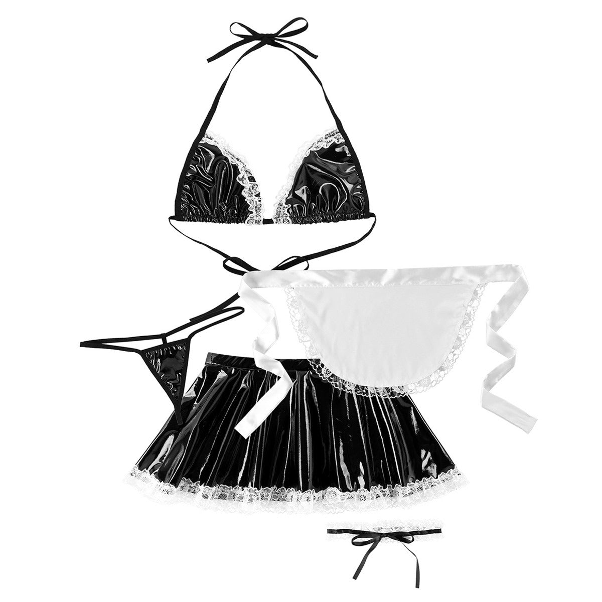 Women’s sexy cosplay maid costume with bra top, skirt, apron, and g-string, perfect for Halloween or themed parties.