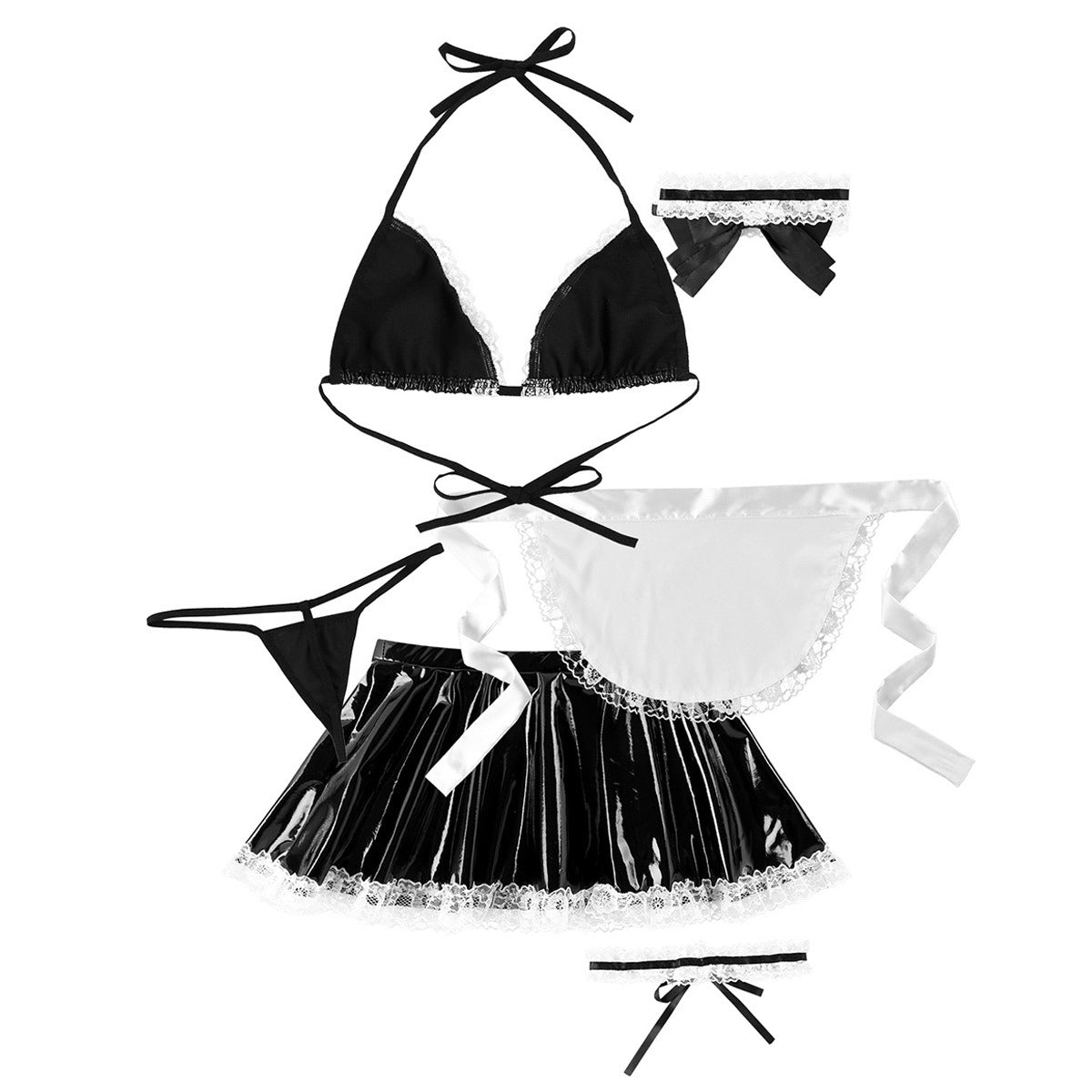 Women’s sexy maid costume set with bra top, skirt, g-string, apron, and accessories for cosplay or Halloween fun.