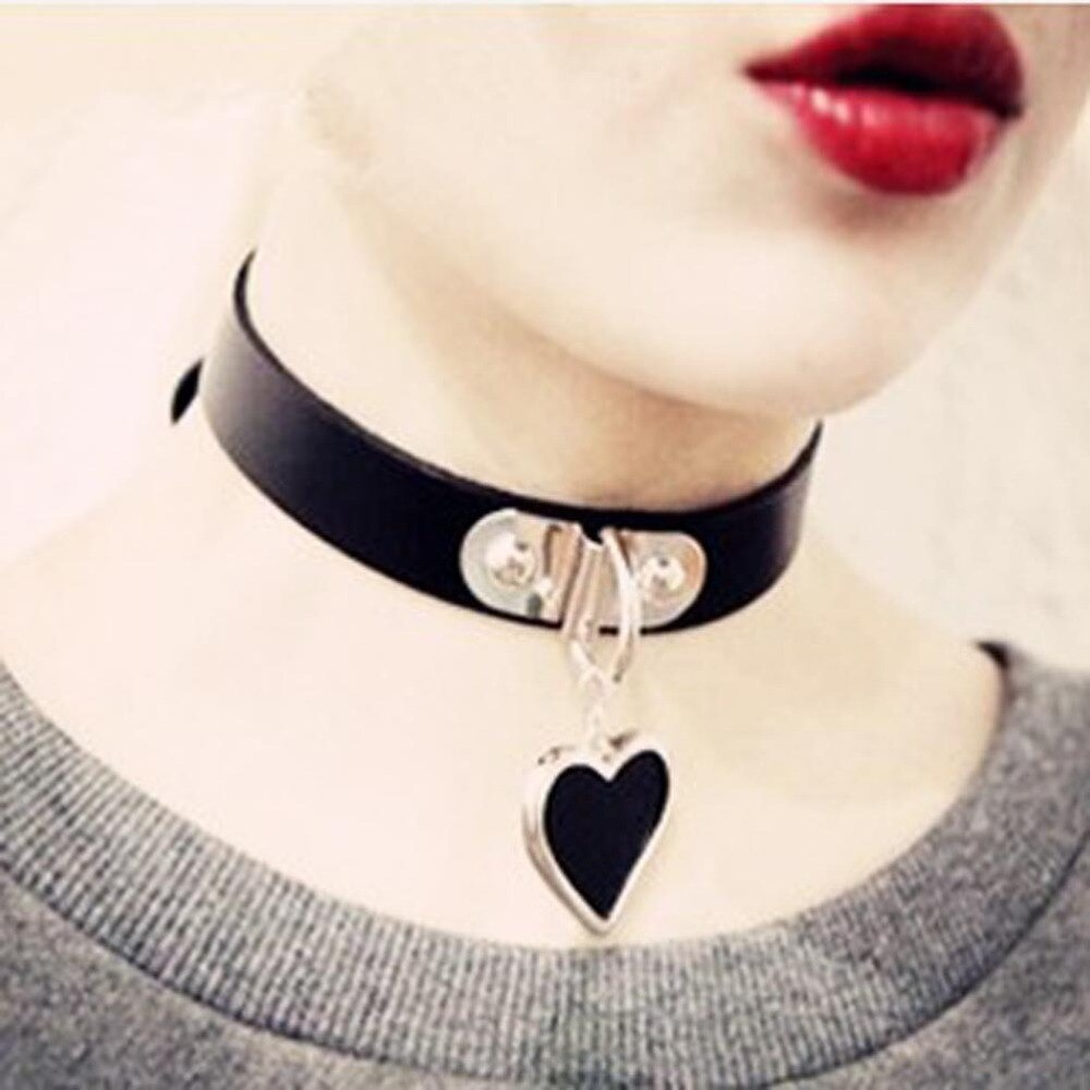 Women's Gothic PU leather choker necklace featuring a fun heart pendant, perfect for rock or gothic outfits.