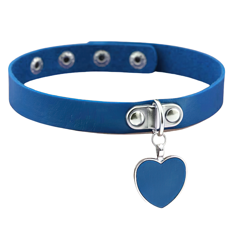 Blue PU leather choker necklace with heart pendant for gothic and rock fashion styles.