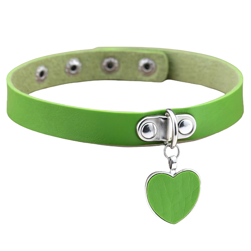Bright green PU leather choker with a heart pendant, perfect for gothic or trendy outfits.