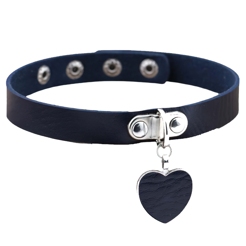 Gothic style women's PU leather choker necklace with heart pendant for rock or alternative fashion.