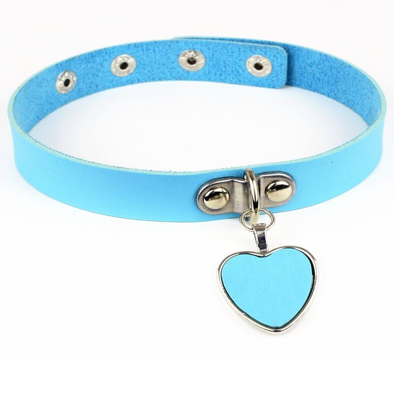 Blue PU leather choker collar with heart pendant for stylish gothic and rock outfits.