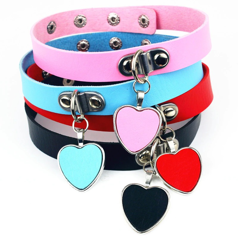 Colorful Gothic choker set with heart pendants in pink, blue, red, and black PU leather styles.