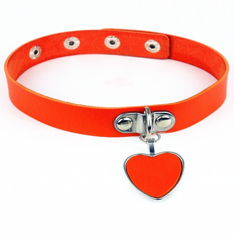 Vibrant orange PU leather choker necklace with heart pendant, perfect for gothic and rock-inspired outfits.