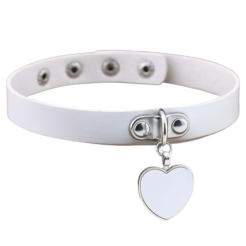 White PU leather Gothic choker necklace with silver heart pendant, perfect for alternative fashion outfits.