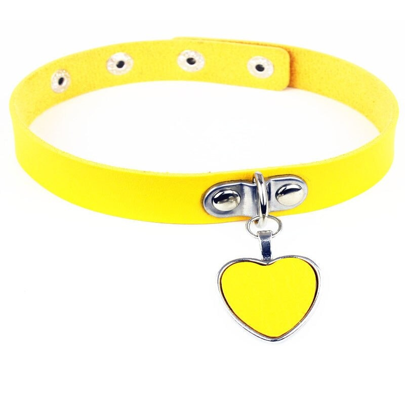 Bright yellow PU leather choker with zinc alloy heart pendant, perfect for gothic and casual styles.