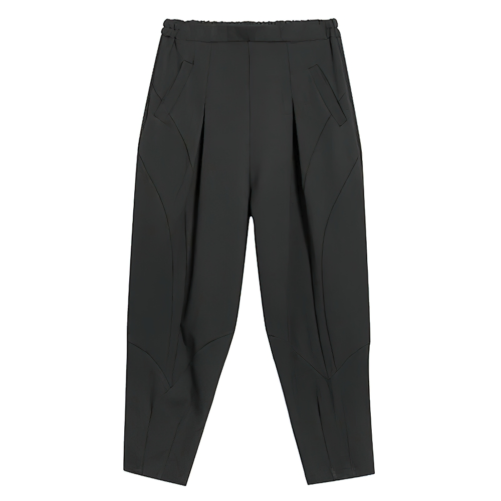 High waist black loose fit harem trousers with elastic waistband and pockets for casual elegance and comfort.