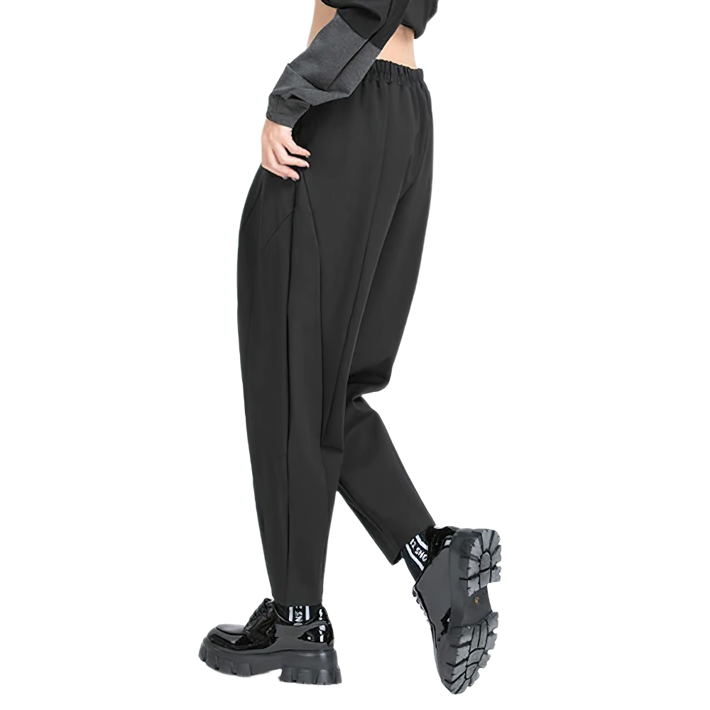 High waist black harem trousers, loose fit, perfect for casual outings and comfort. Stylish with ankle-length design.