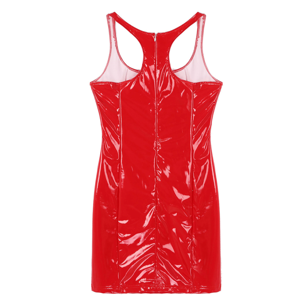 Back view of a red sleeveless mini dress made of glossy material, showcasing a stylish zipper.