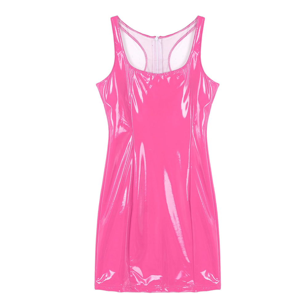 Hot pink sleeveless mini dress made of glossy faux leather, perfect for trendy and sexy fashion looks.
