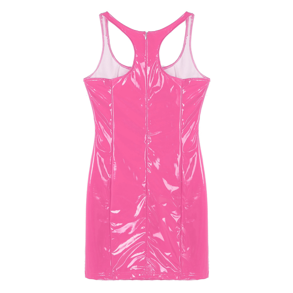 Back view of a trendy pink sleeveless mini dress with a zipper, made of glossy PU leather.