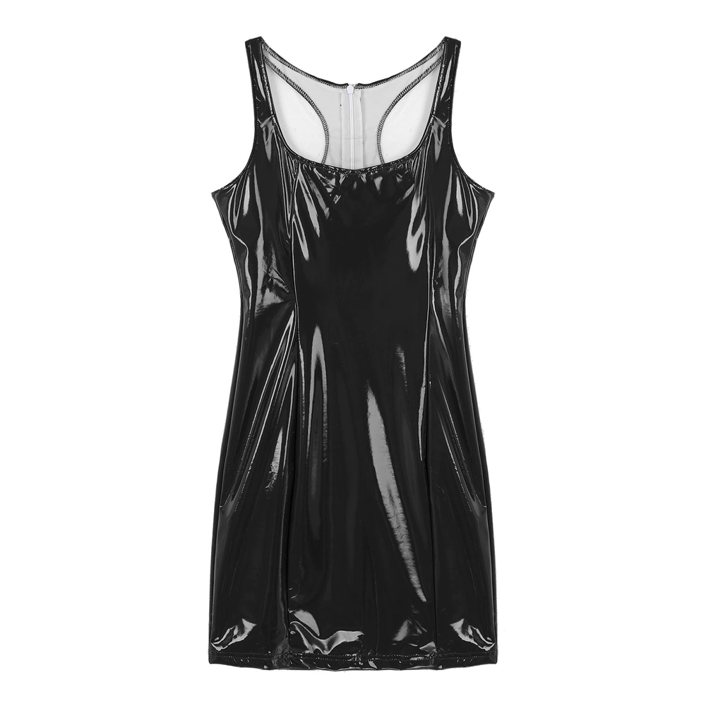 Trendy black sleeveless mini dress in spandex and PU leather, perfect for highlighting curves and stylish occasions.