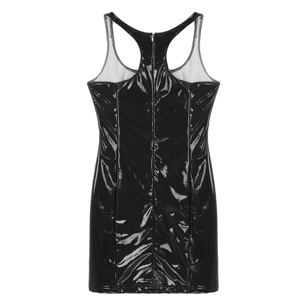 Back view of a stylish black sleeveless mini dress made of spandex and PU leather with a zipper.