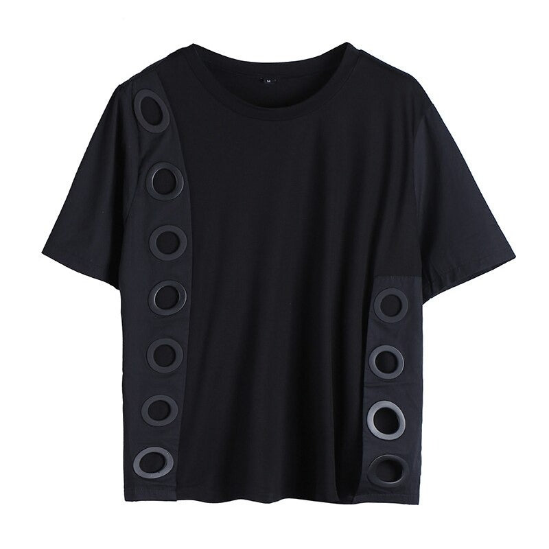 Women's Fashion T-shirt with  Round Neck /  Black Short Sleeve Top with Cool Decoration - HARD'N'HEAVY