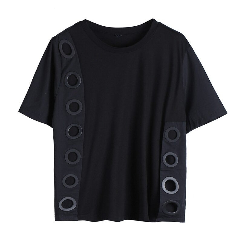 Black women's round neck T-shirt featuring unique hollow out holes for an edgy, alternative fashion look.