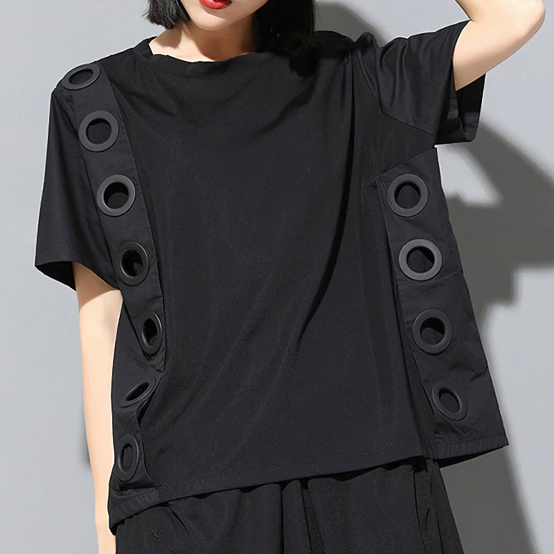 Women's black short sleeve T-shirt with round neck and unique hollow out side decoration for alternative fashion.