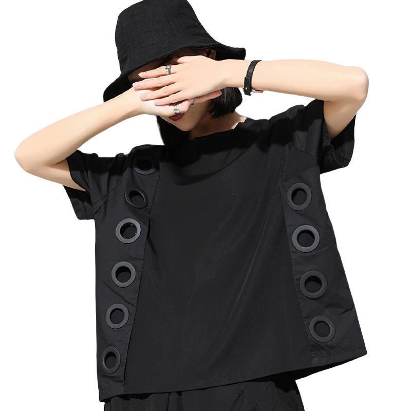 Women's black round neck T-shirt with unique hollow out decoration on sides, perfect for alternative fashion style.