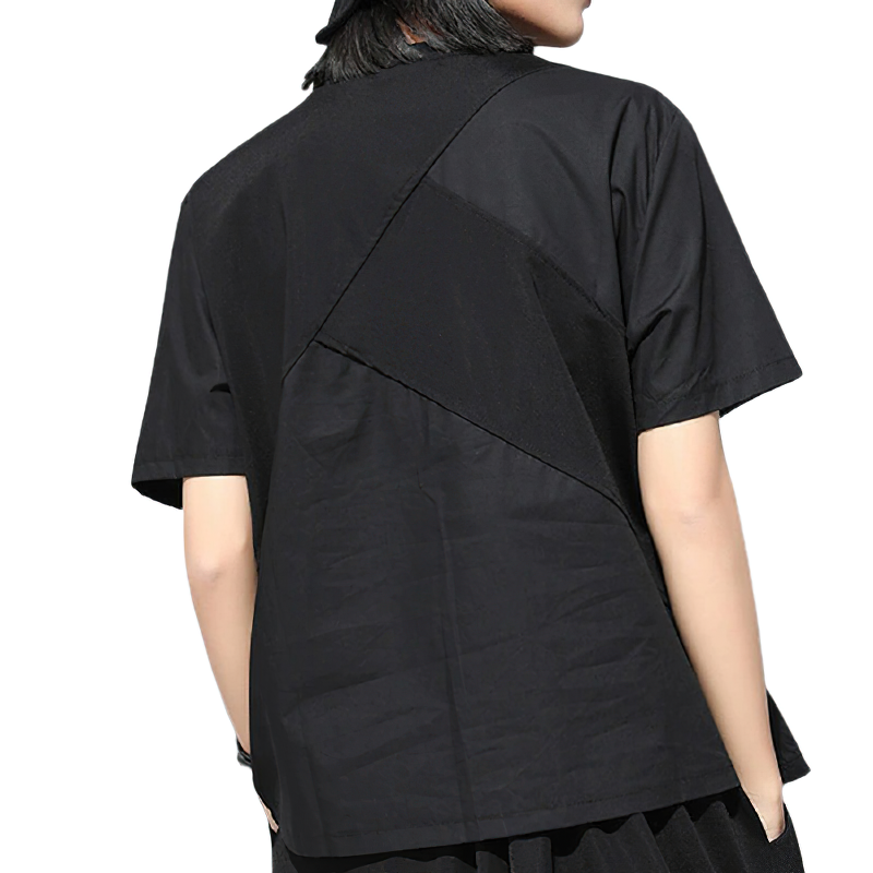Back view of a women's black short sleeve T-shirt with unique design and O-neck for trendy fashion.