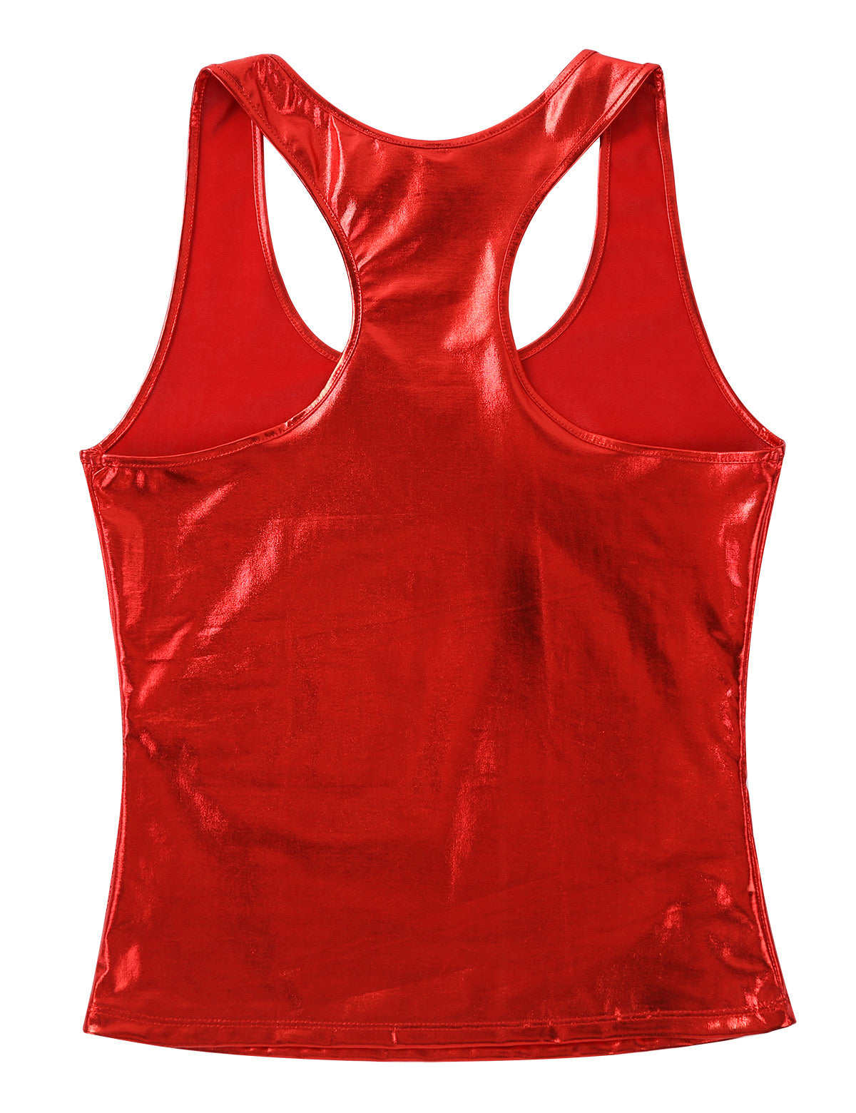 Shiny red women's fashion tank top with racerback design, perfect for summer parties.