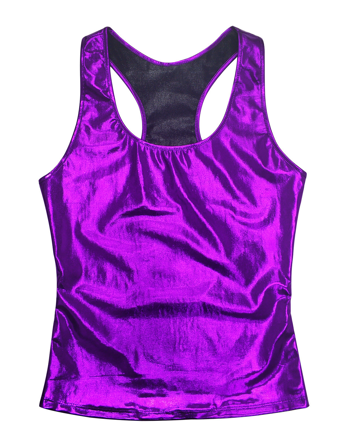 Shiny purple women's fashion tank top with a stylish racerback design, perfect for summer parties.