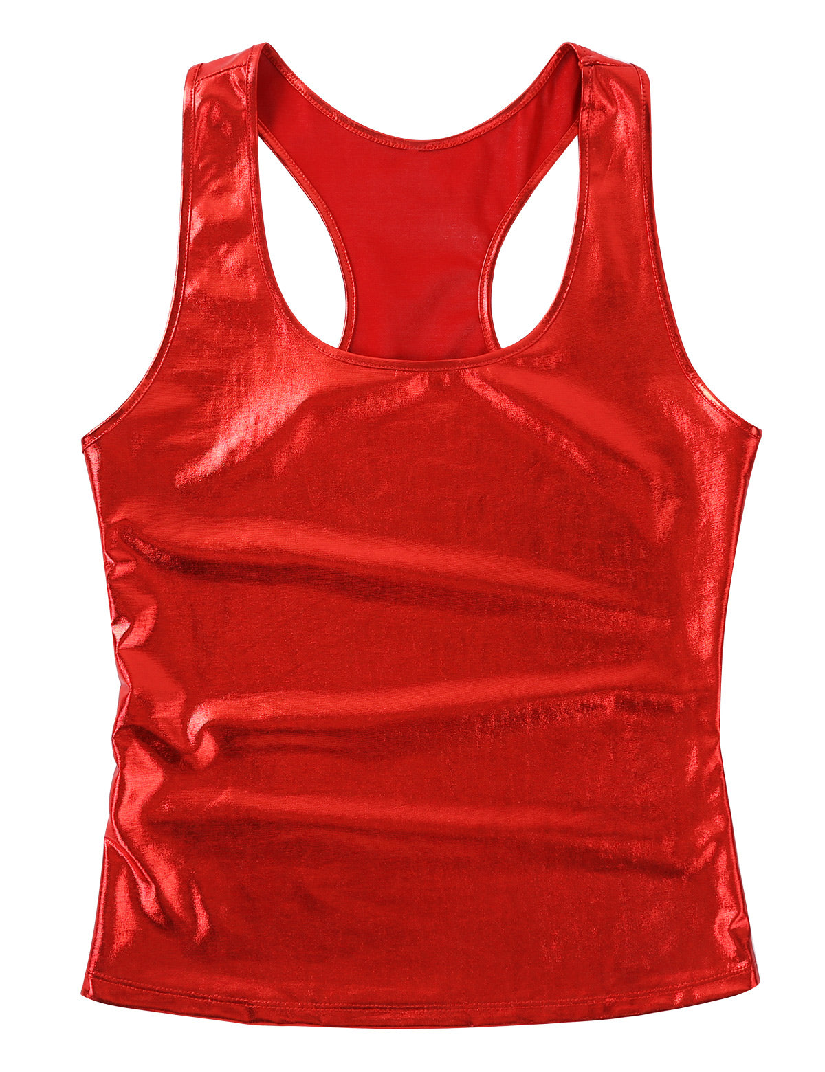 Shiny red women's rock style tank top, perfect for summer parties and showcasing personal style.
