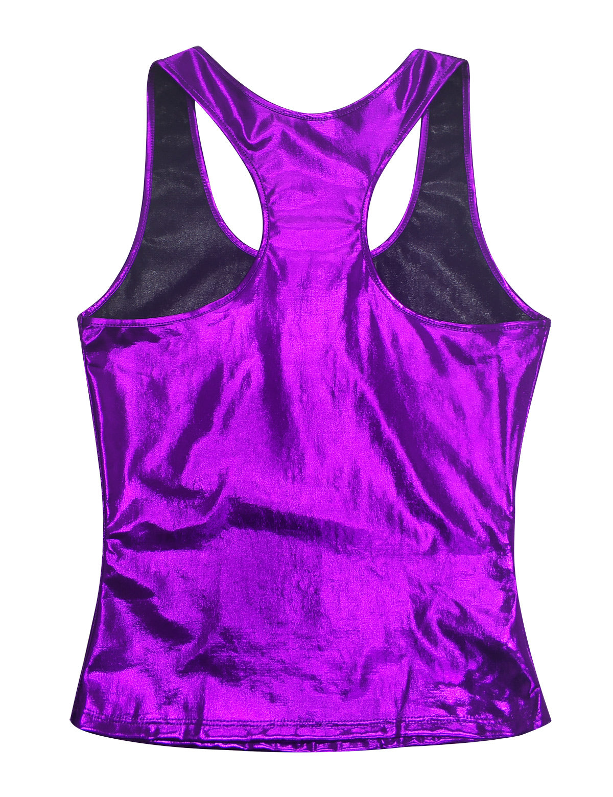 Shiny purple women's rock style tank top with a sleek back design, perfect for summer parties.