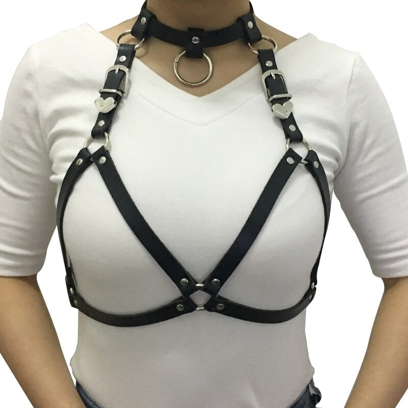 Women's faux leather adjustable body chest harness in gothic style, perfect for layering or cosplay.