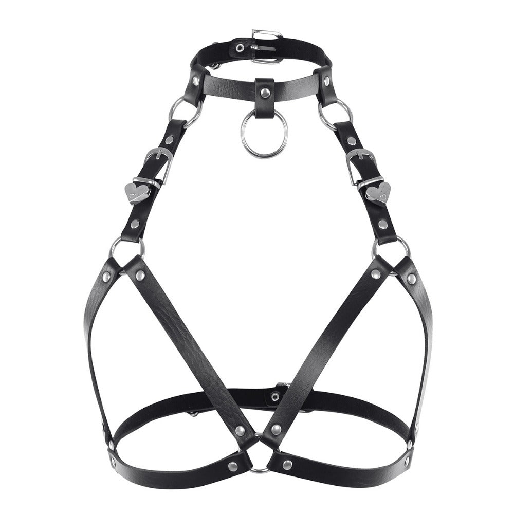 Women's gothic faux leather body chest harness with adjustable buckle and silver details.