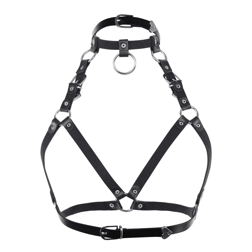 Women's Gothic faux leather adjustable chest harness with buckle and ring detail, perfect for cosplay and layering.