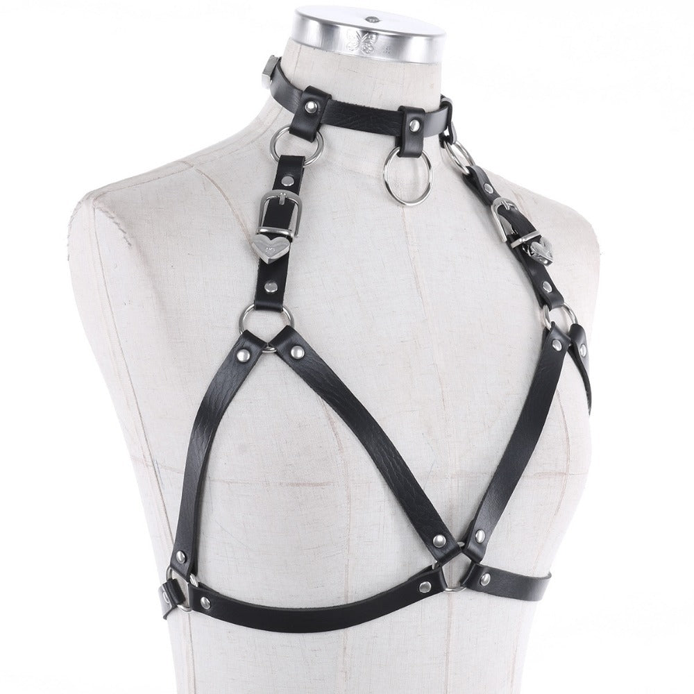 Women's faux leather gothic body chest harness with adjustable buckles, perfect for cosplay and layering under clothes.