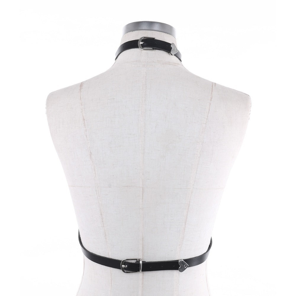 Back view of Women's Faux Leather Adjustable Body Chest Harness showcasing gothic style and adjustable buckle.