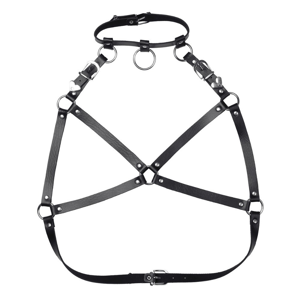 Women's Gothic faux leather adjustable body chest harness in black with metal accents.