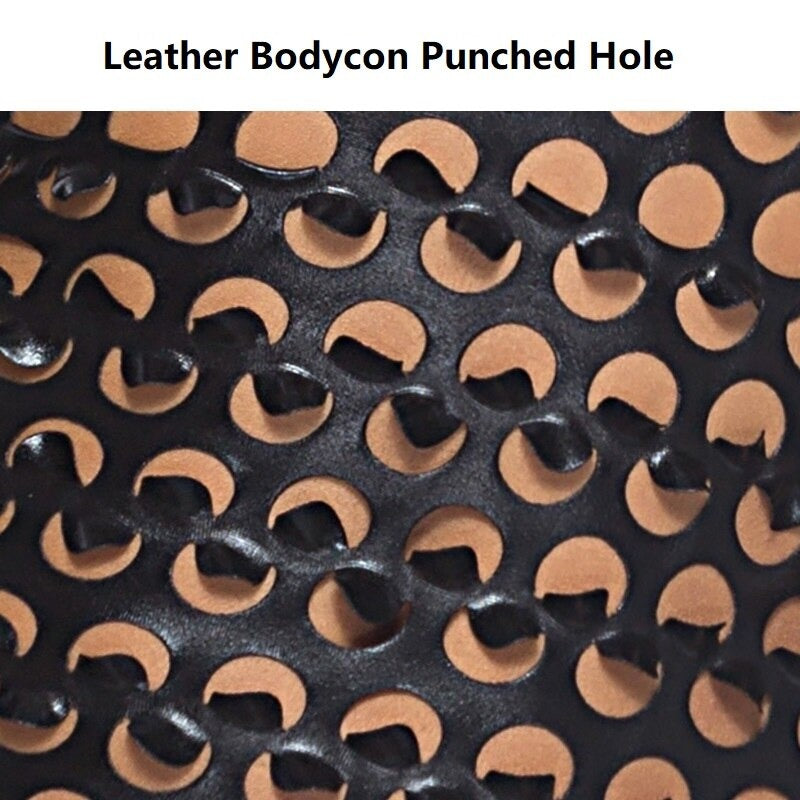 Close-up of leather bodycon fabric featuring punched hole design, ideal for edgy fashion outfits.