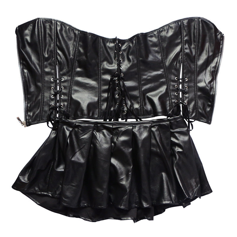 Women's faux leather corset dress with zipper front and ruffled skirt, perfect for gothic styles.