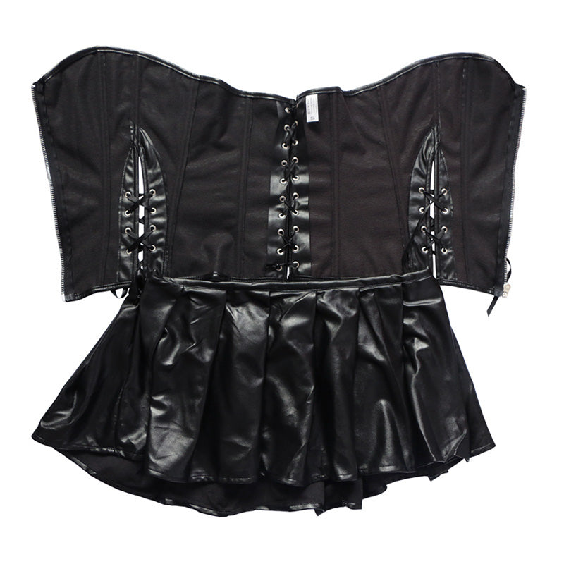 Women's Faux Leather Zipper Front Bustier Corset Dress / Plus Size Gothic Corset Tops With Skirt - HARD'N'HEAVY