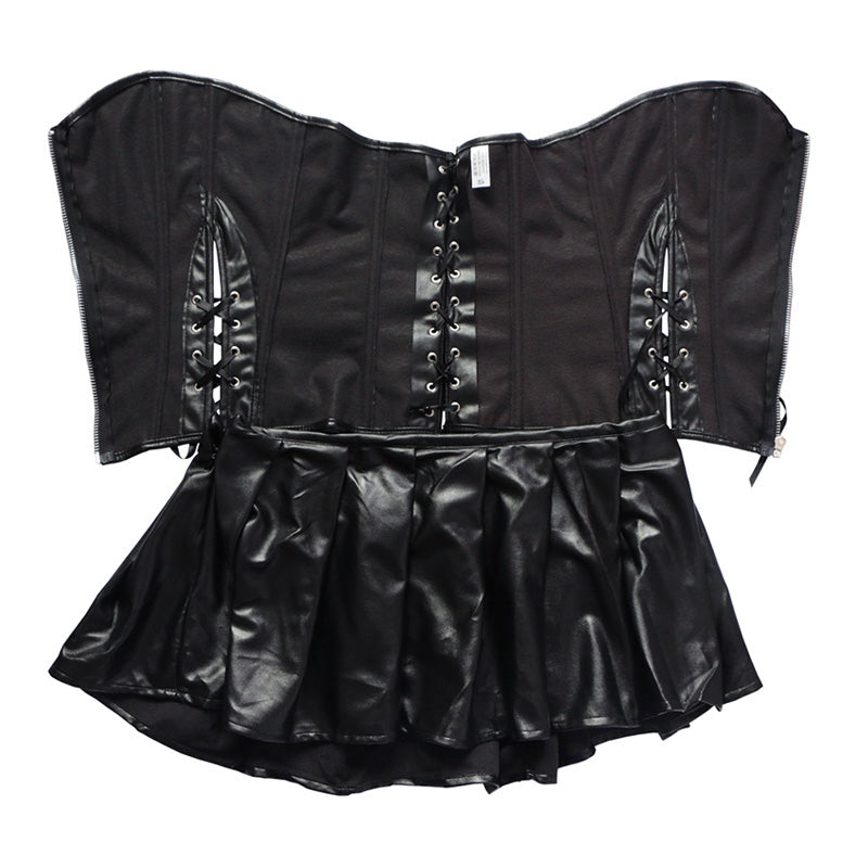 Women's gothic faux leather bustier corset dress with flared mini skirt, ideal for rock and goth fashion.