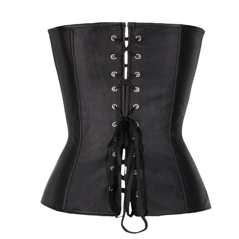 Black faux leather corset with lacing design, perfect for gothic and rock styles.