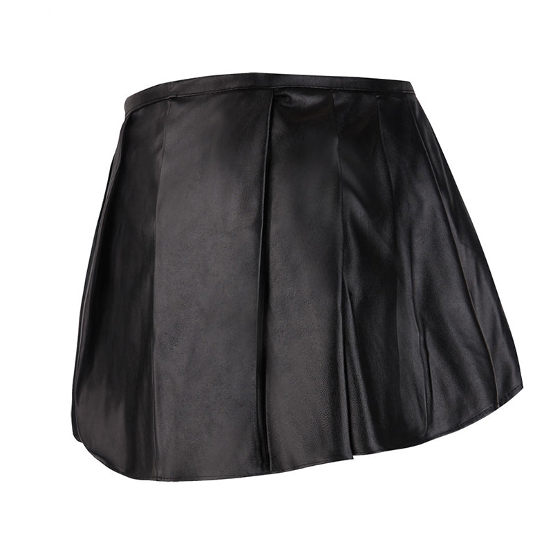 Black faux leather mini skirt with pleated design, perfect for a gothic or rock-inspired outfit.